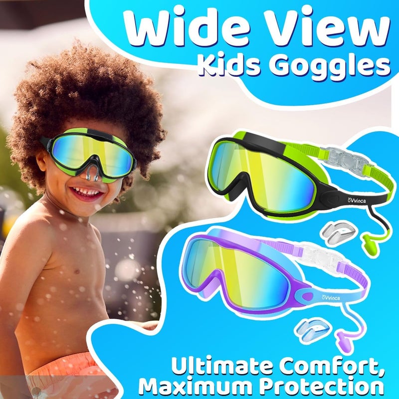 Vvinca Swim Goggles, Kids Goggles with Earplugs& Nose Clip Wide View Anti-Fog/UV Swimming Goggles for Age 3-15 Boys Girls - Image 2